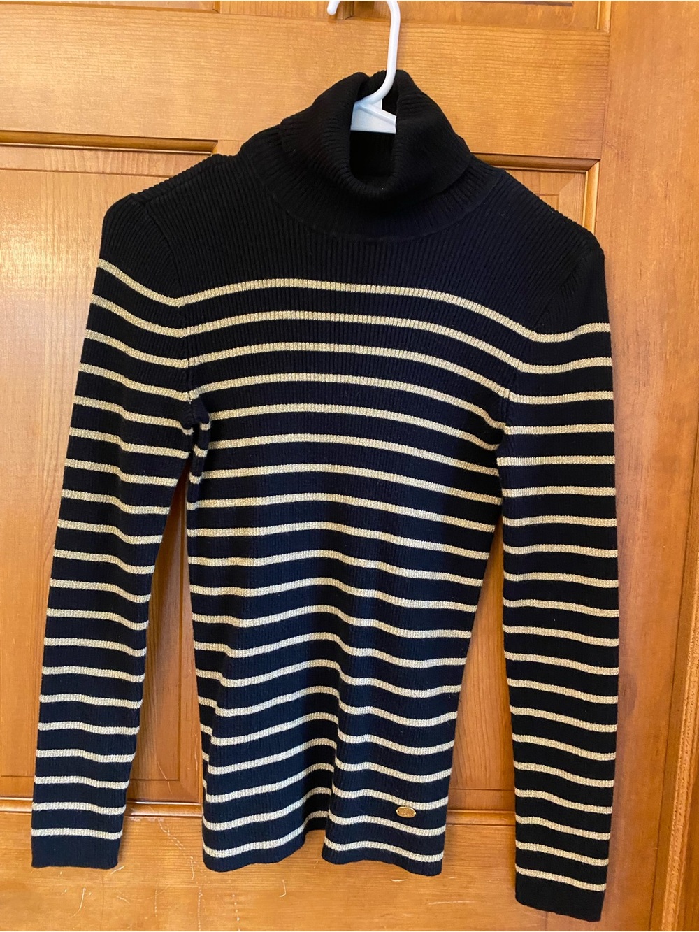 Lauren Ralph Lauren Black and Cream Striped Turtleneck Sweater